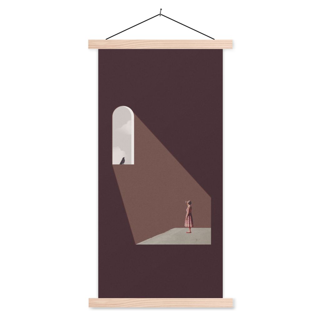 MuchoWow Textilposter Mädchen - Vogel - Vintage 40x80 cm mit holzfarbenen Rahmen - Wohnzimmer