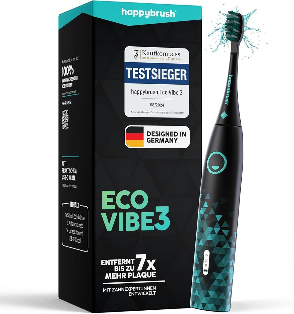 Elektrische Zahnbürste mit 8 Wochen Power Akku – Ultraschall Zahnbürsten Schallzahnbürste Eco Vibe 3+ – – 100 Tage testen