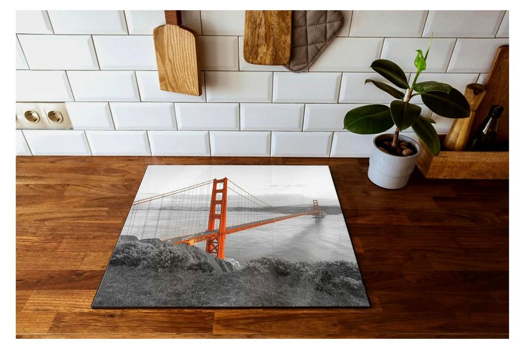 Herdabdeckplatte & Spritzschutz aus Echtglas für die Golden Gate Bridge in San Francisco | Für Herd-Kochfelder | 60x52 cm