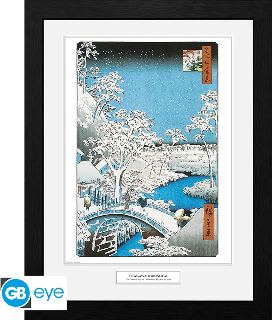 Estampe Hiroshige The Drum Bridge Tirage Premium sous Cadre Noir 30x40