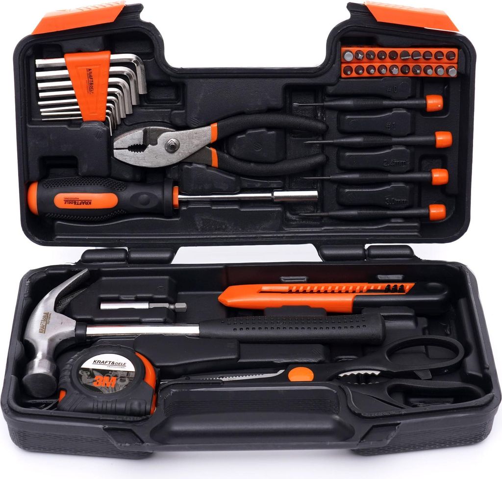 A tool kit laid out in its open case.