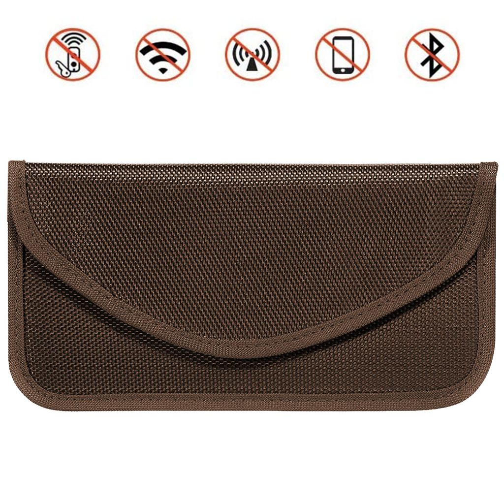 A brown Faraday pouch with several icons above it indicating signal blocking.