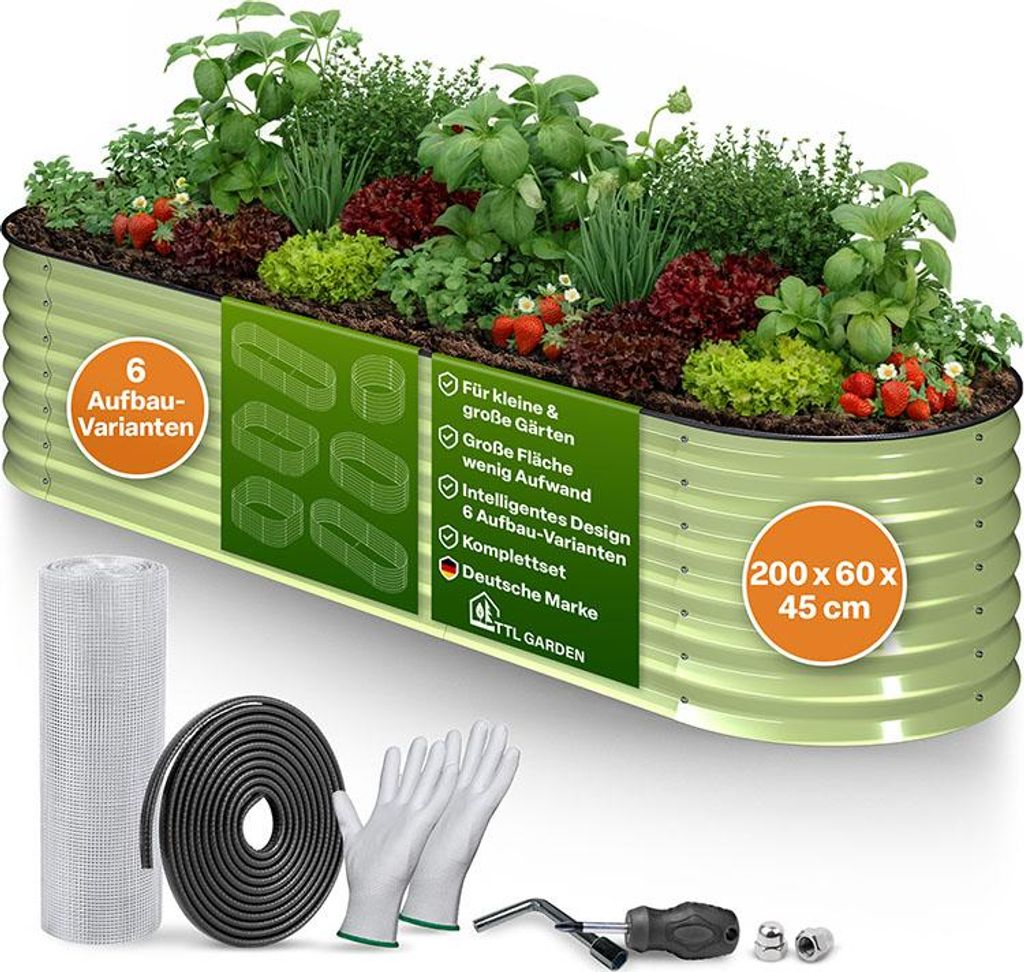 TTL GARDEN Hochbeet FUSION 200x60x45cm Salbei Grün – Metall 6-in-1 oval rostfrei verzinkt Stahl