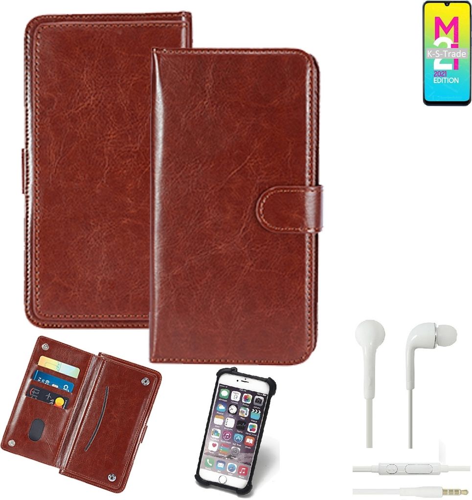K-S-Trade 360° Hülle kompatibel mit Samsung Galaxy M21 2021 inkl. Headphones braun Kunstleder Case BookCase WalletCase Kunstlederederhülle