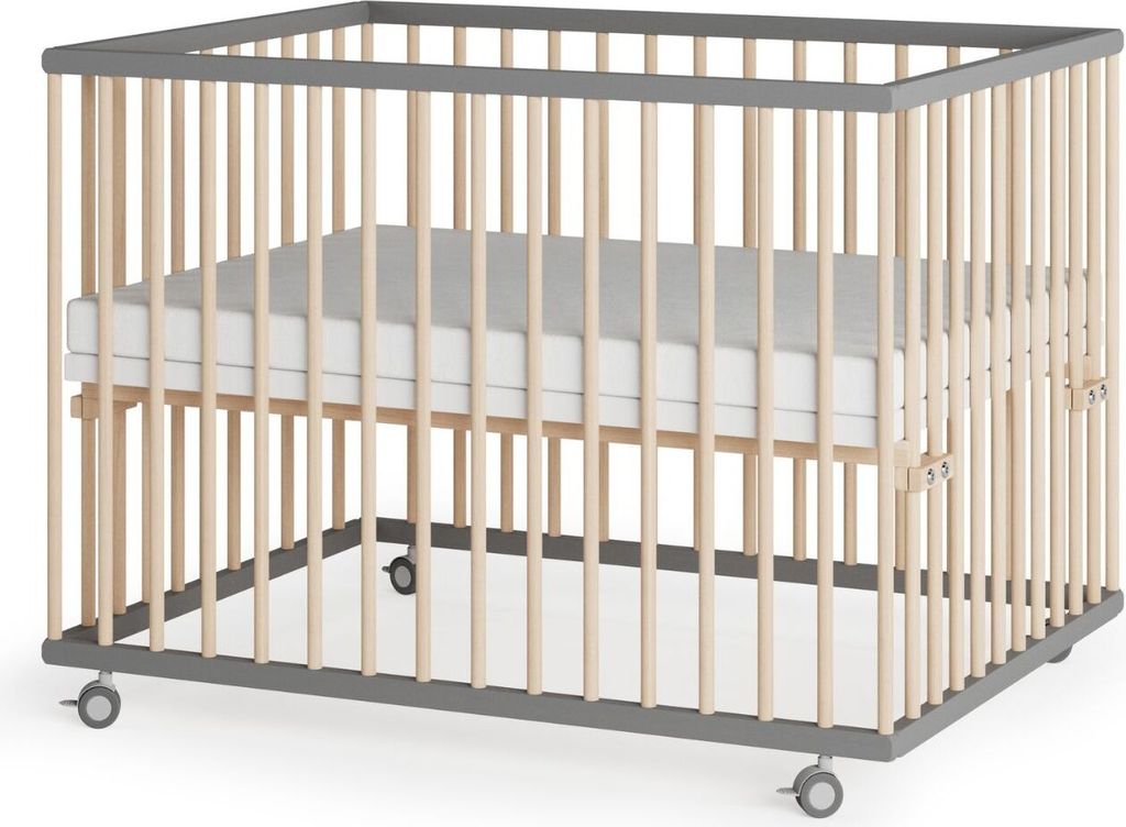Laufgitter 75x100 cm Matratze SleepPlus, Lattenrost & Schlupfsprossen grau/natur