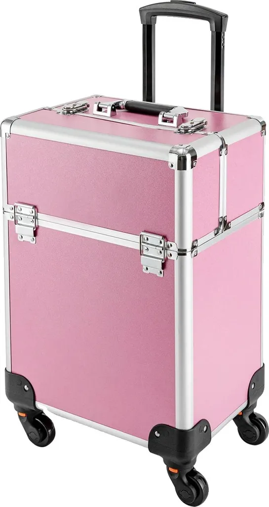 Mallette maquillage rose 4 compartiments extractibles et roues pivotantes