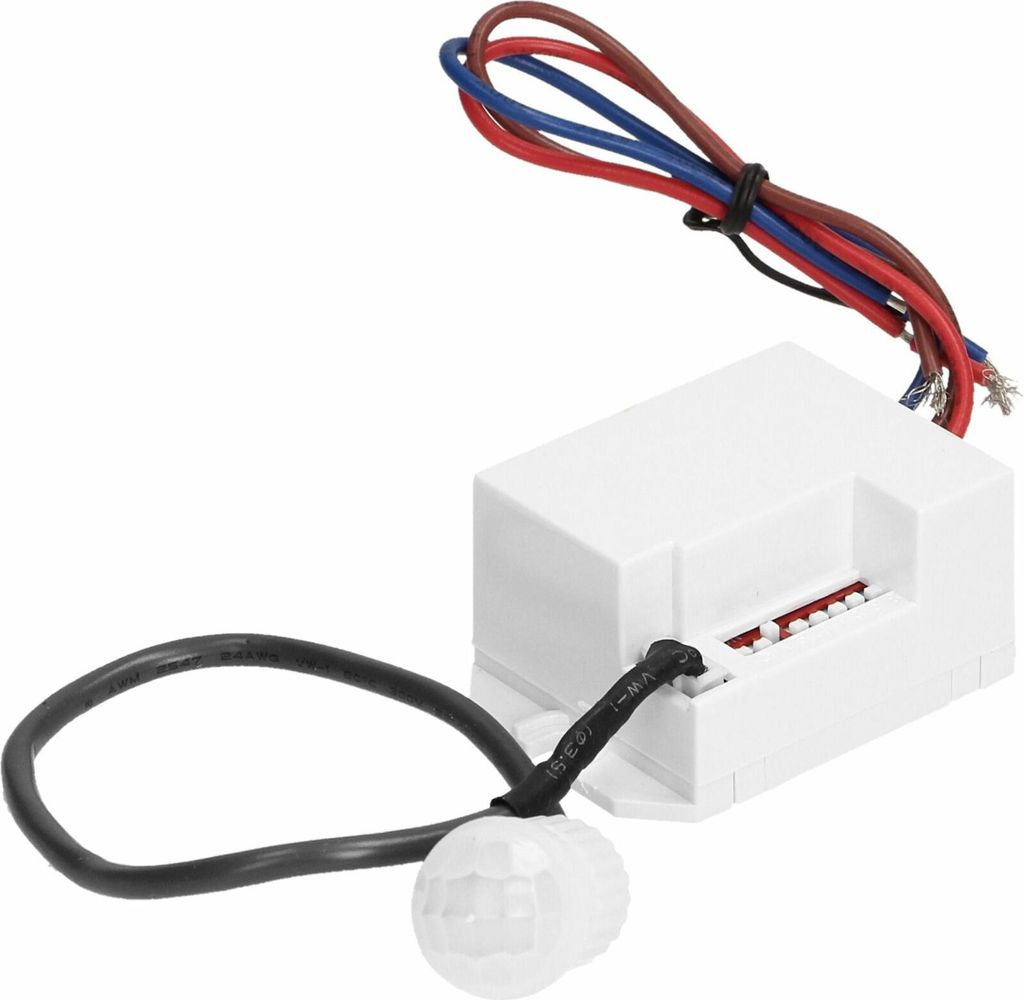 A white electronic device with wires and a sensor.