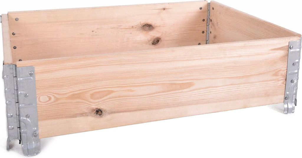 A wooden raised garden bed with metal corner brackets, shown from a slightly elevated side angle against a white background.