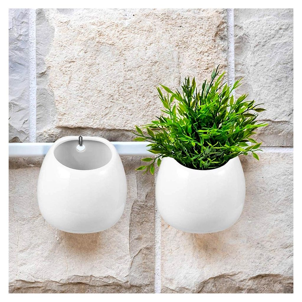 2 Stück Wandvasen aus Porzellan in Weiß, hängende Blumentöpfe für die Wand, Keramik Pflanzentöpfe für Innenräume, wandhängende Blumentöpf...