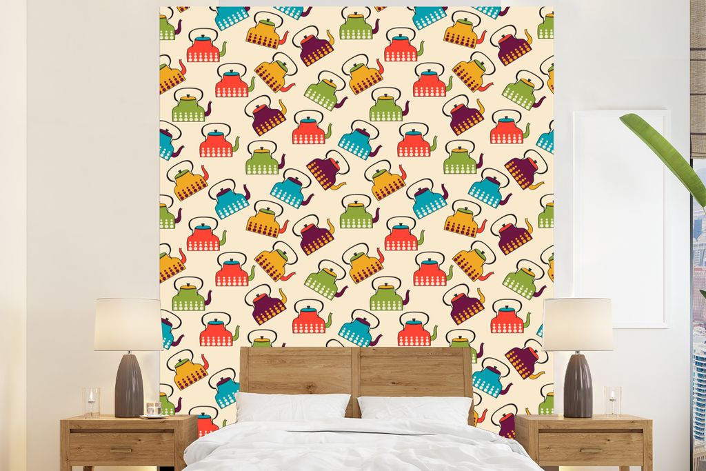 MuchoWow Fototapete für Wohnzimmer oder Schlafzimmer Wandtapete Vinyl Motivtapete Design - Retro - Teekanne - Farben - 225x280 cm - Wohnzimmer t...