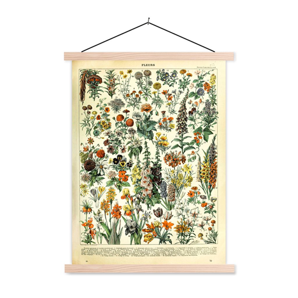 MuchoWow Textilposter Blumen - Pflanzen - Vintage - Adolphe Millot - Kunst 40x53 cm mit holzfarbenen Rahmen - Schlafzimmer