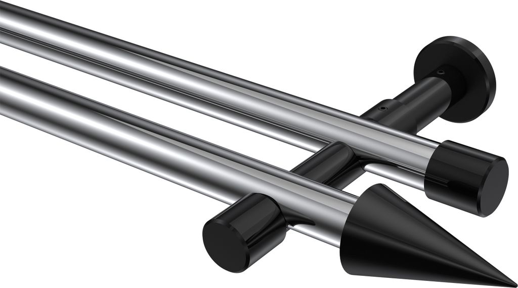 Interdeco Gardinenstange / Vorhangstange Chrom / Schwarz, Typ Prestige Savio (Kegel) ohne Ringe, 20 mm Ø 2-läufig, 400 cm