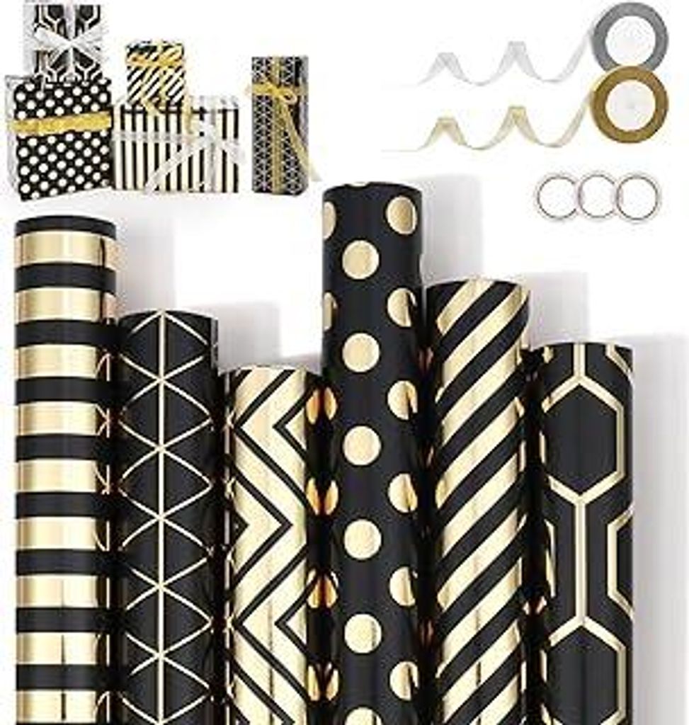 Weihnachtspapier Geschenkpapie, 6 Rollen 43 x 300cm Geschenkpapier Set, Schwarz Gold Geschenkpapierrolle, mit Schleifenband und Aufklebern, Geschen...