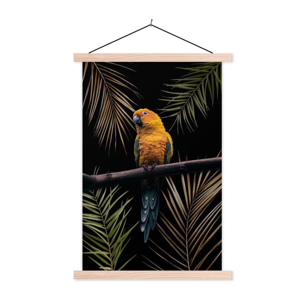 MuchoWow Textilposter Farn - Papagei - Pflanzen 120x180 cm mit holzfarbenen Rahmen - Textil-Plakat