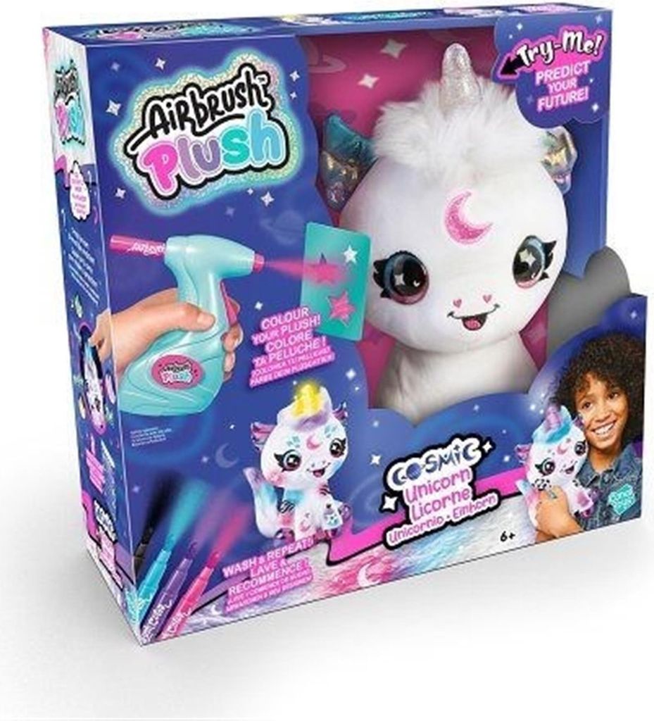 The image shows the retail packaging of an Airbrush Plush toy, a white unicorn with colorful accents, along with its accessories and a demonstration of its use.