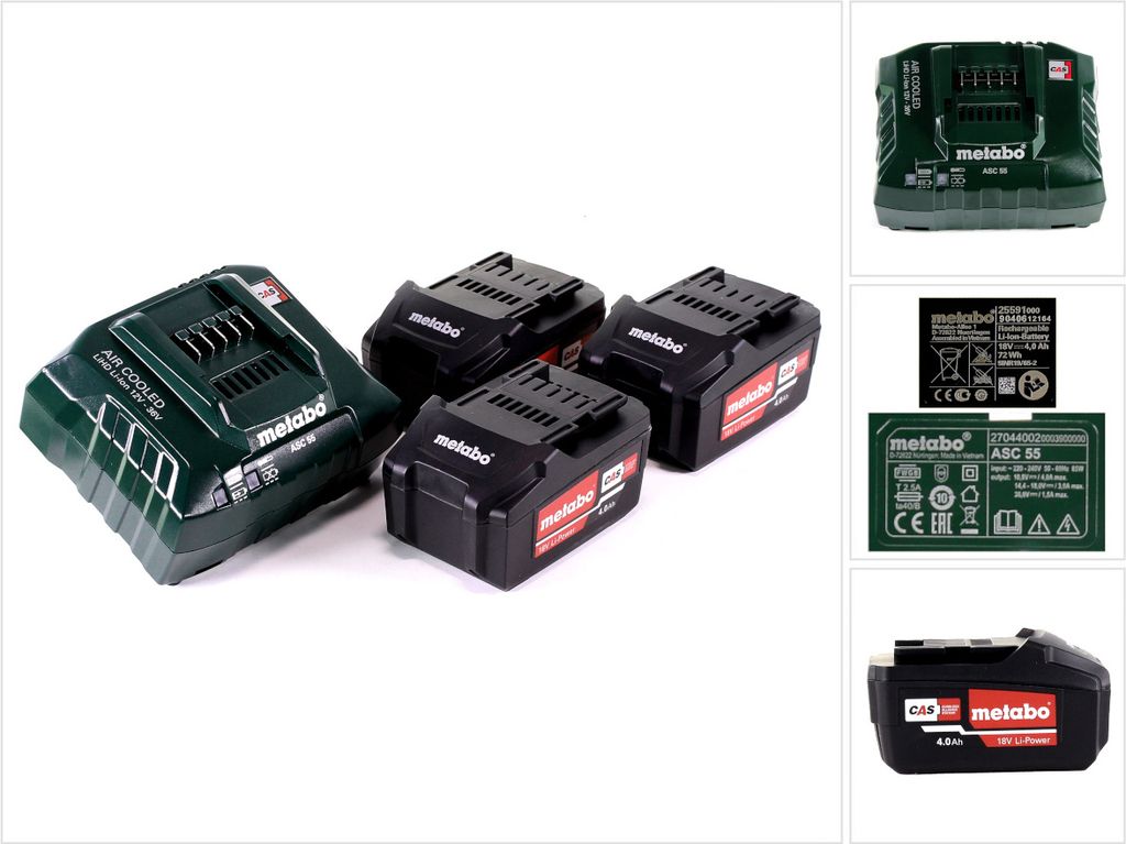 Metabo Basis Set 3x Li-Power Akkupack 18 V 4,0 Ah CAS Li-Ion Akku ( 3x 625591000 ) + Ladegerät ASC 55 ( 627044000 )