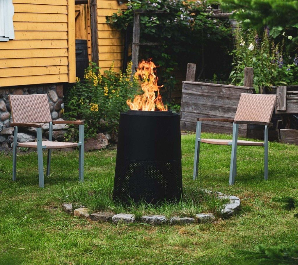 EdenOutdoor Ardeno Doppelwandige Feuerschale / Feuerstelle – Raucharm – Hitzebeständig – Stahl – 58 × 58 × 74,5 cm – Schwarz