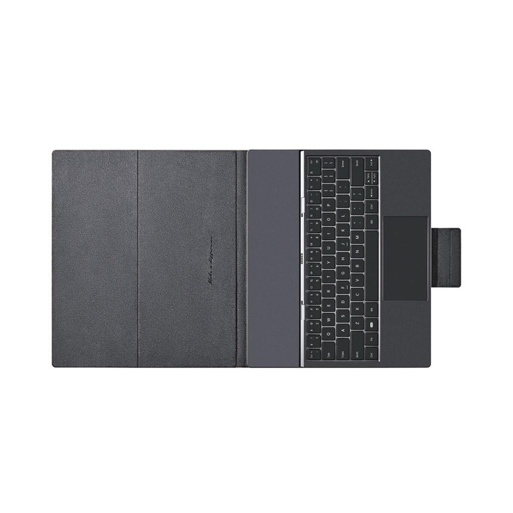 A tablet with a keyboard case is shown from a top-down view against a white background.