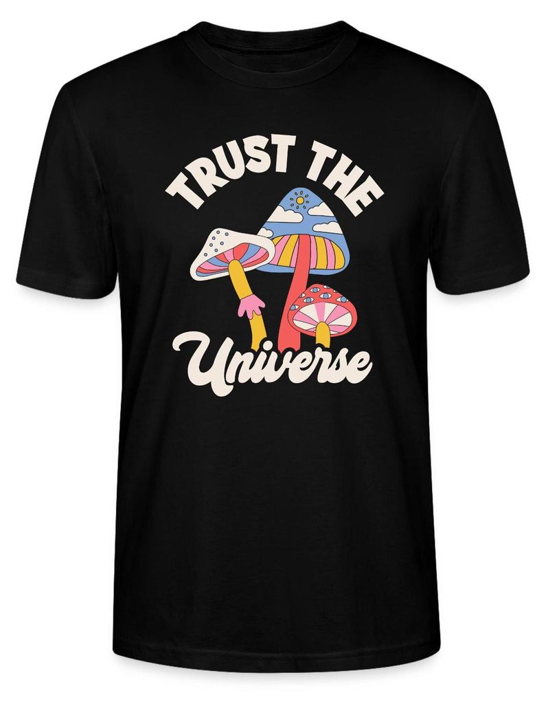 Spreadshirt Trust The Universe Buntes Retro Pilz Motiv Uni Bio T-Shirt, S, Schwarz