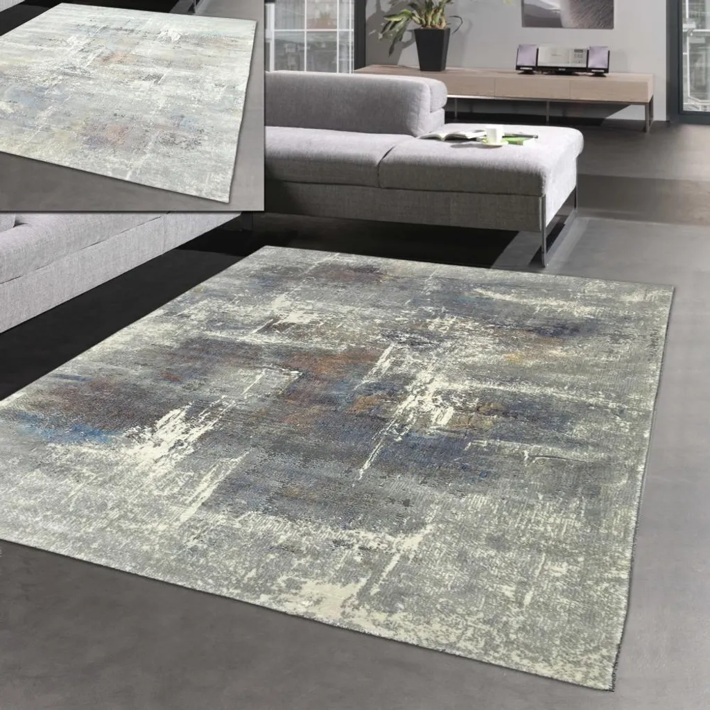 Grand tapis de passage moderne abstrait gris bleu pour long couloir