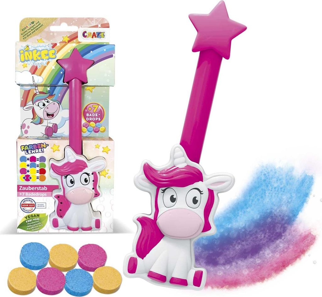 INKEE Wand Unicorn | Einhorn-Zauberstab mit Kinder Badebomben, Badewanne Spielzeug zum Farben Lernen, Erdbeerduft