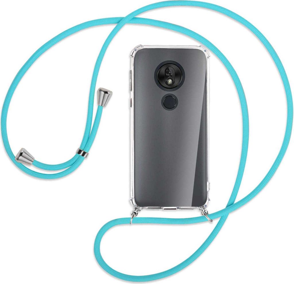 Handykette Backcover-Schutzhülle mit Band (Metall silberfarben) für Motorola Moto G7 Play - türkis