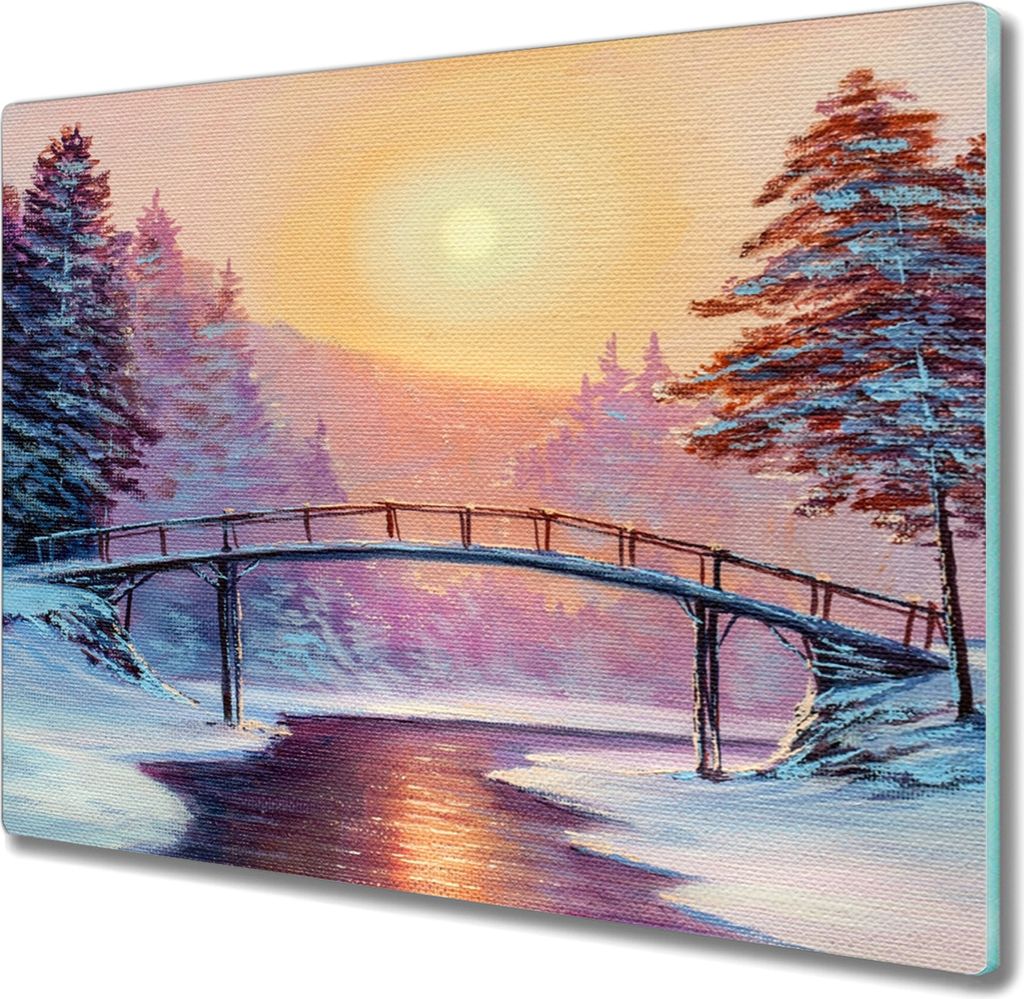 Coloray Herdabdeckplatte 60x52 cm Schneidebrett Kochplattenabdeckung Küchenbrett Hackbrett - Gemälde Winter Baumbrücke