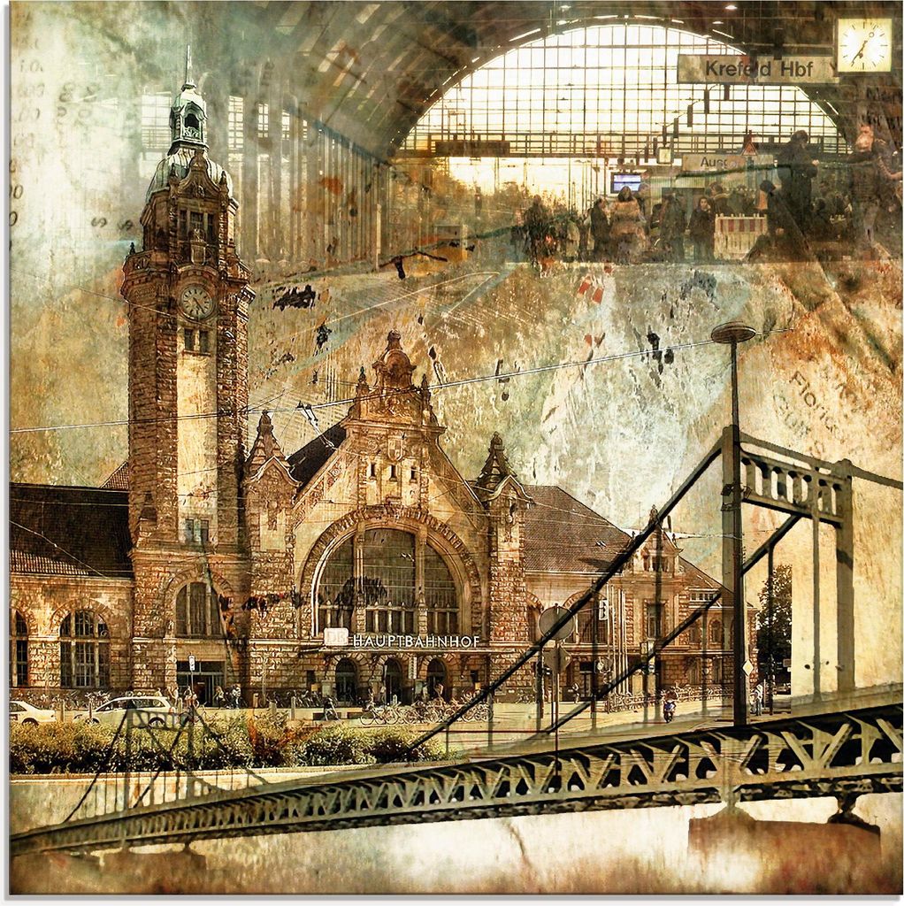 ARTland Glasbild Krefeld Skyline Abstrakte Collage Größe: 30x30 cm