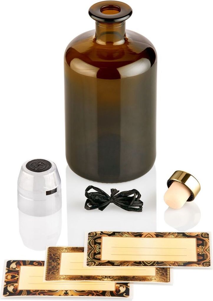 Apothekerflasche braun 0,5l mit Korken gold, Band, Kapseln & Etiketten, 1 Braunglas Flasche leer 3 verschiedene Etiketten