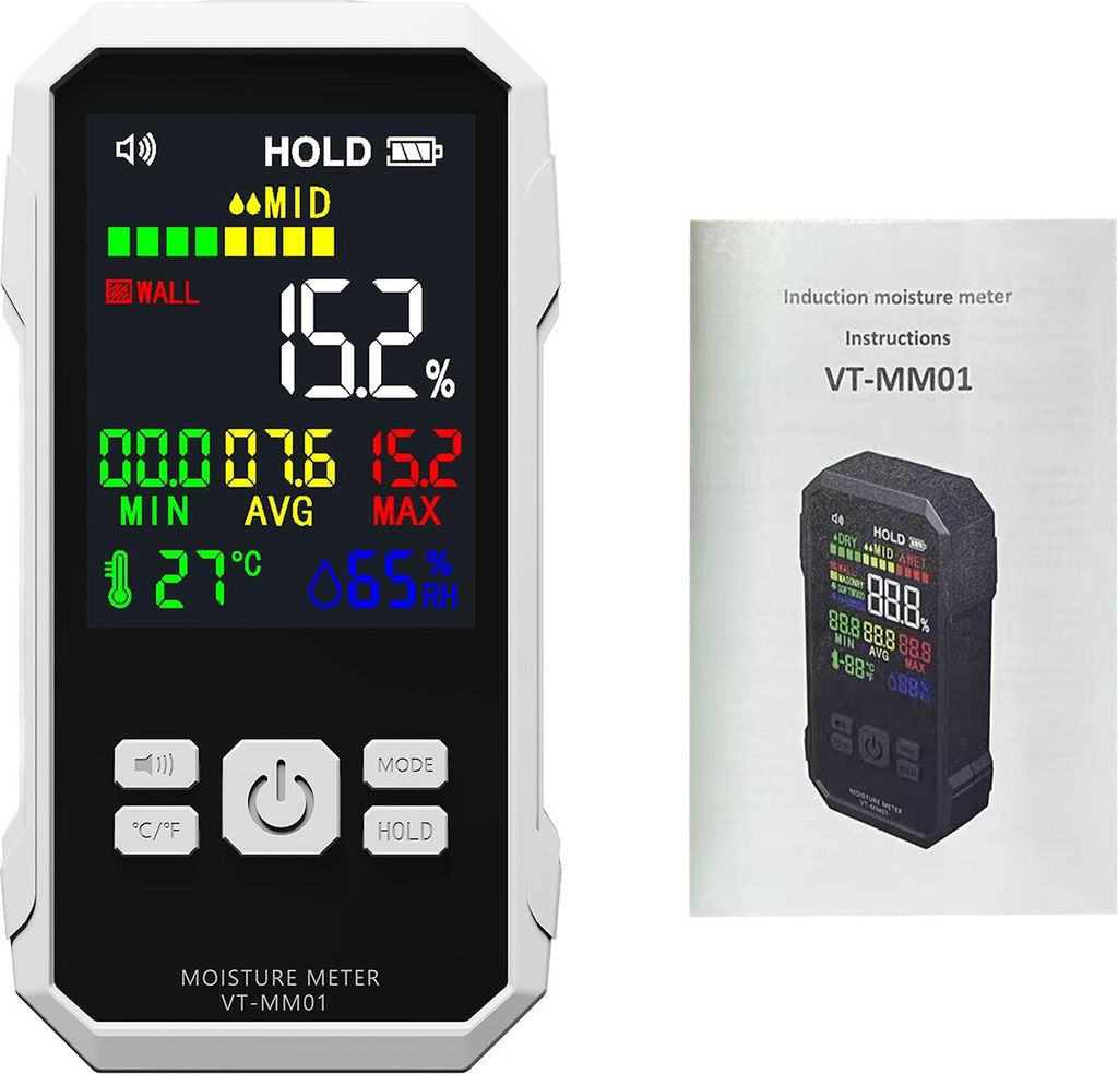 Pinless Feuchtemessgerät für Trockenbau Holz Feuchtigkeit Detektor zerstörungsfrei Tester mit LCD-Hochfrequenz-Wellen und One-Key-Record-Funktio...
