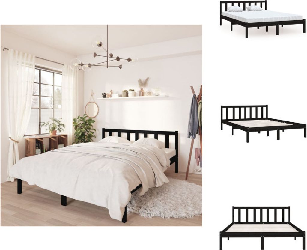 vidaXL Massivholzbett Schwarz Kiefer 135x190 cm - Betten & Bettgestelle