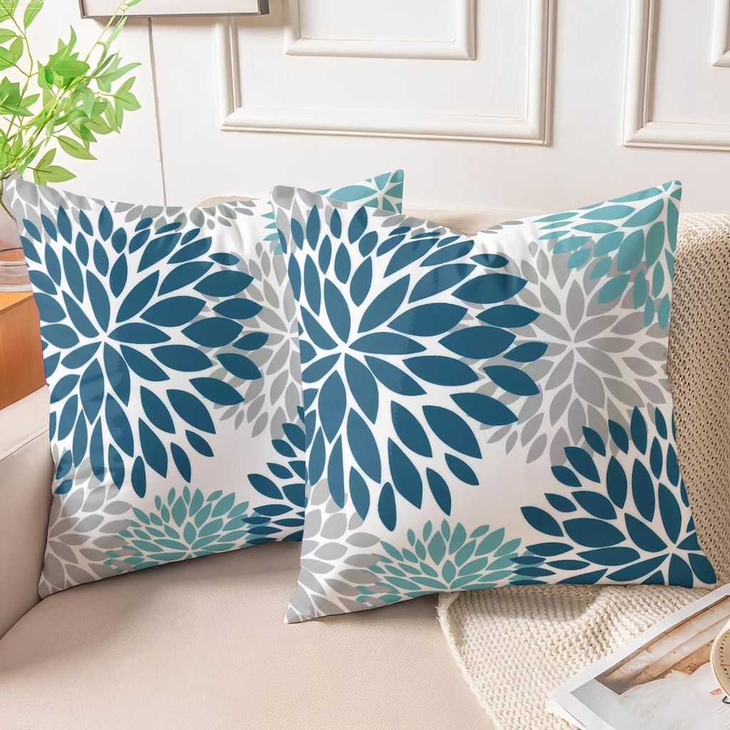 Set mit 2 Samtkissenbezügen, türkis, 40 x 40 cm, grau, dekorative Kissen mit floralen Motiven, für Sofa, Wohnzimmer, Schlafzimmer, Sessel