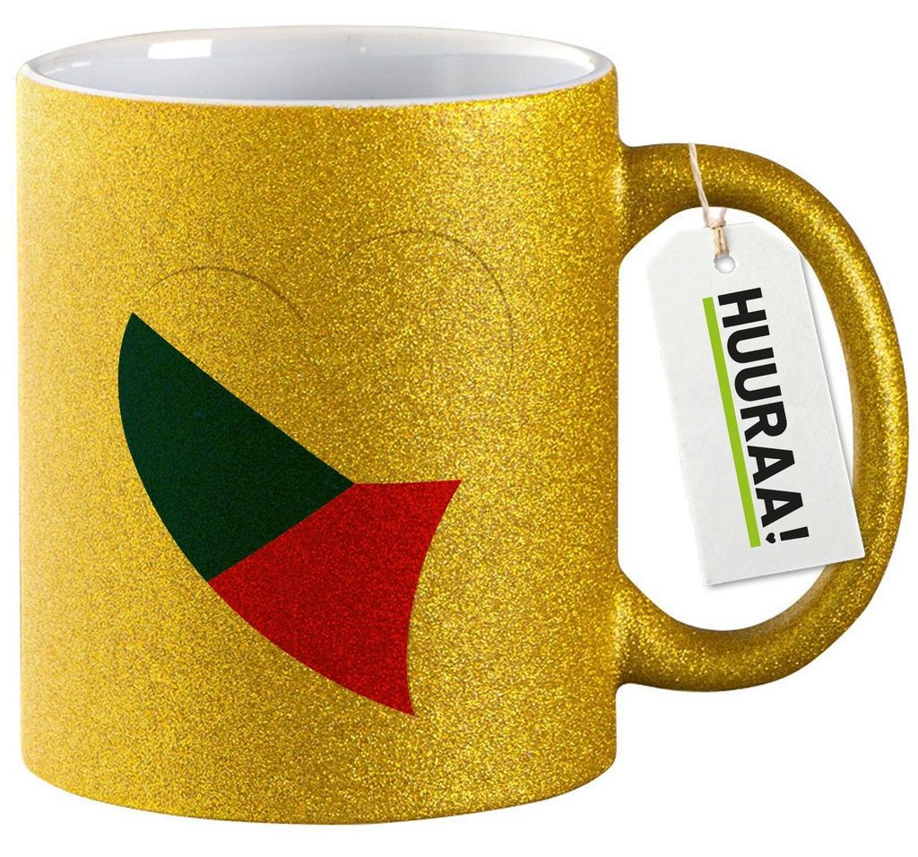 Huuraa Glitzertasse Tschechische Republik Flagge Herz 330ml Gold Keramik Kaffeebecher Geschenkidee