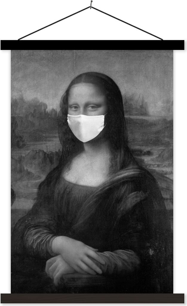 MuchoWow Textilposter Mona Lisa mit weißer Mundhaube - ein Gemälde von Leonardo da Vinci - schwarz-weiß 40x60 cm mit schwarzem Rahmen - Wandde...