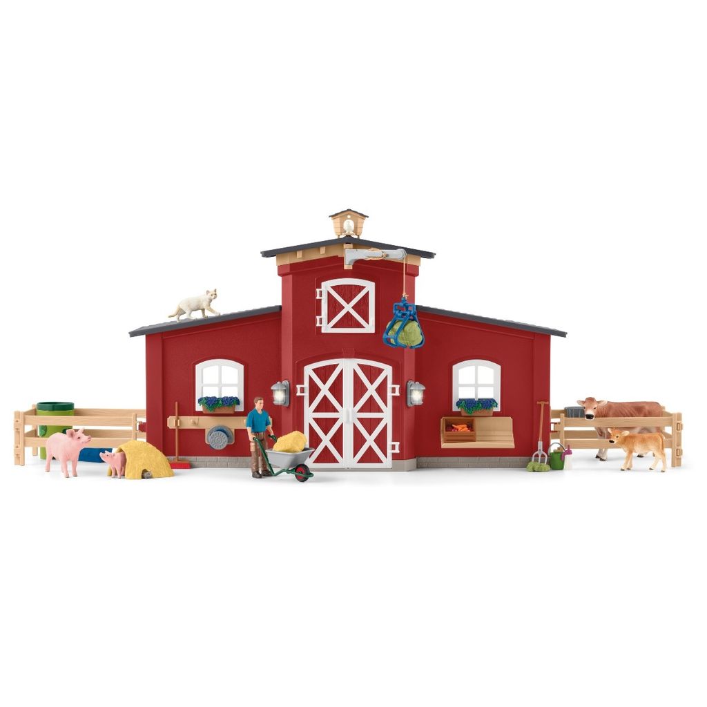 A toy farm set with animals and accessories, displayed on a white background.