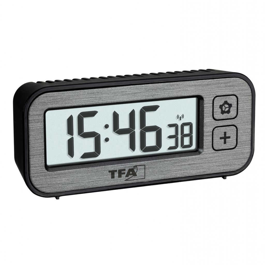 A digital alarm clock with a brushed metal finish and a black frame, displayed on a white background.