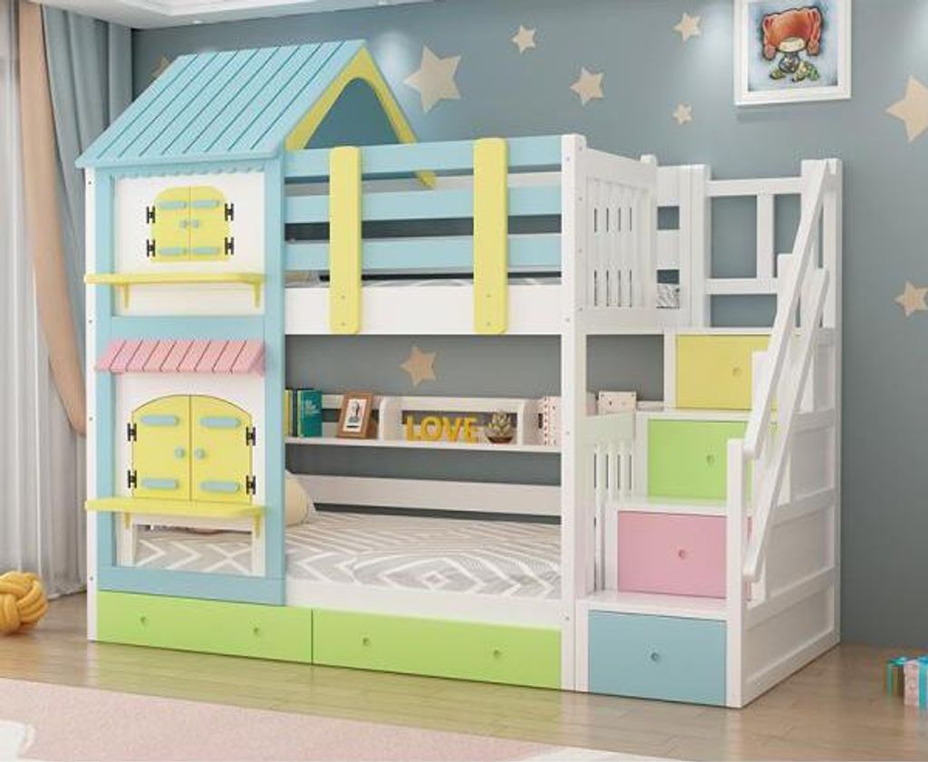 360Home Buntes Kinder Etagenbett mit Rutsche Spielbett Children bunk bed 1200x2000mm Stufen mit Stauraum Farbe