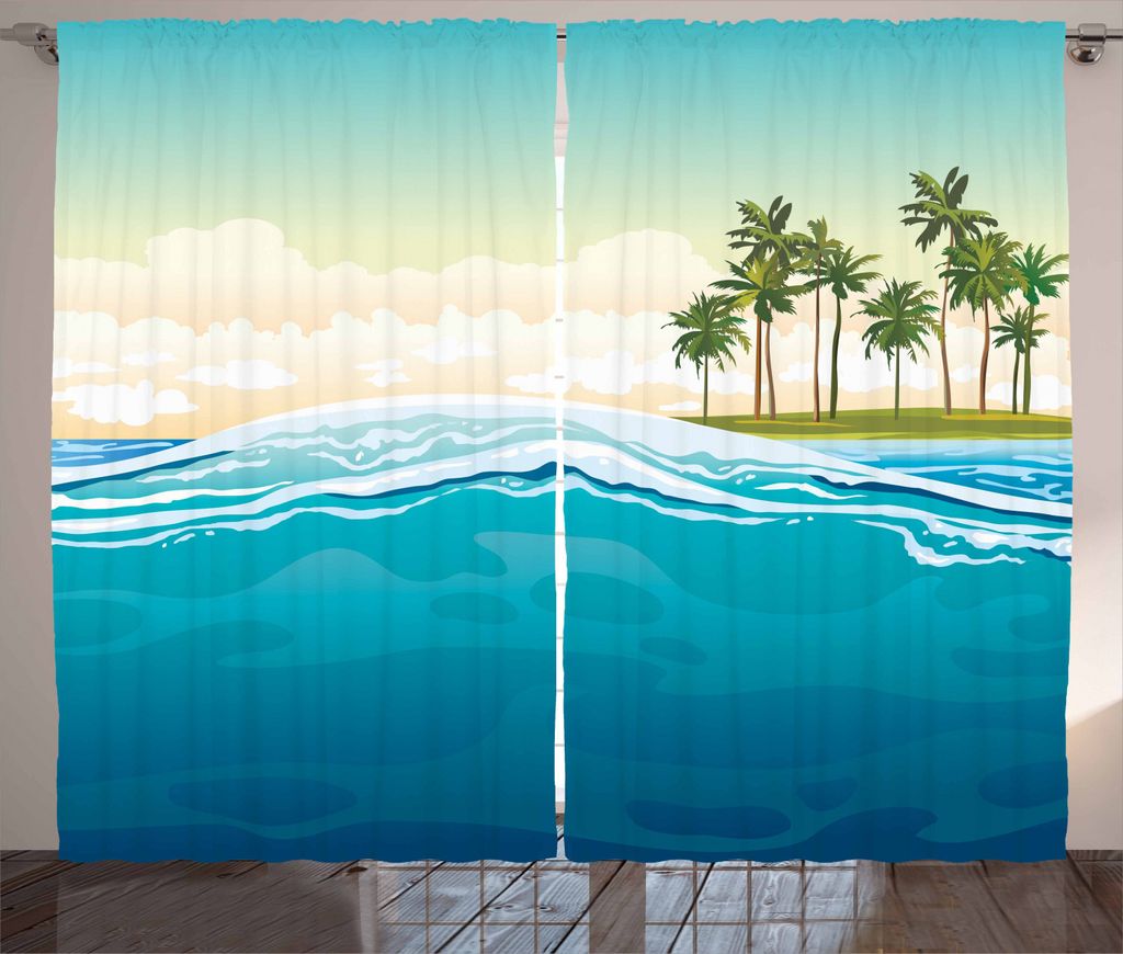 ABAKUHAUS Tropisch Rustikaler Gardine, Ozean Urlaub Landschaft, Schlafzimmer Kräuselband Vorhang mit Schlaufen und Haken, 280 x 225 cm, Petrol Blu...