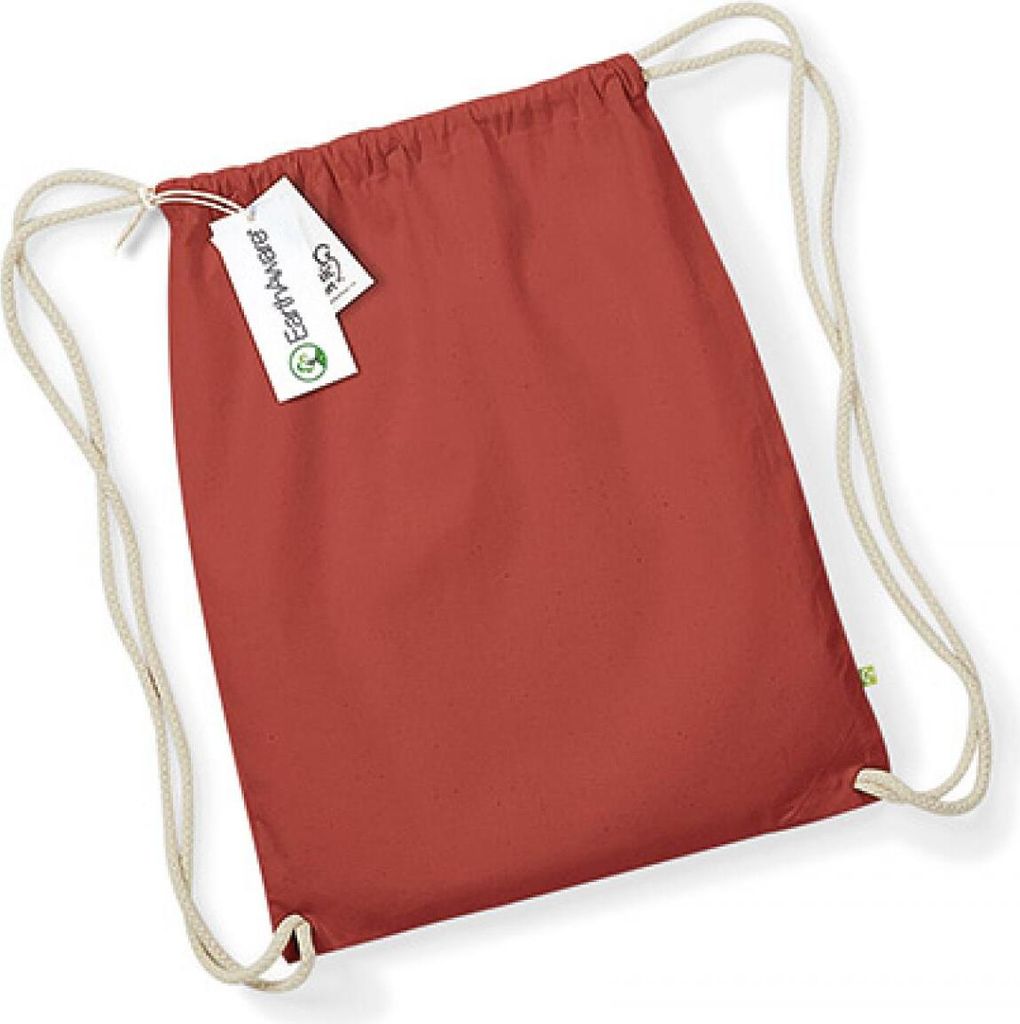A red drawstring bag with a tag attached to the strap.