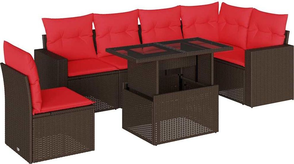 7-teiliges Gartensofa-Set mit Kissen, braun, Polyrattan