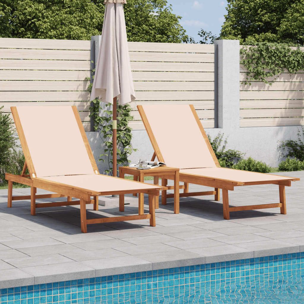 "im Angebot" Sonnenliegen 2 Stk. - möbel für den Garten - mit Tisch Creme Massivholz Akazie Textilene - Gartenliegen CC10954