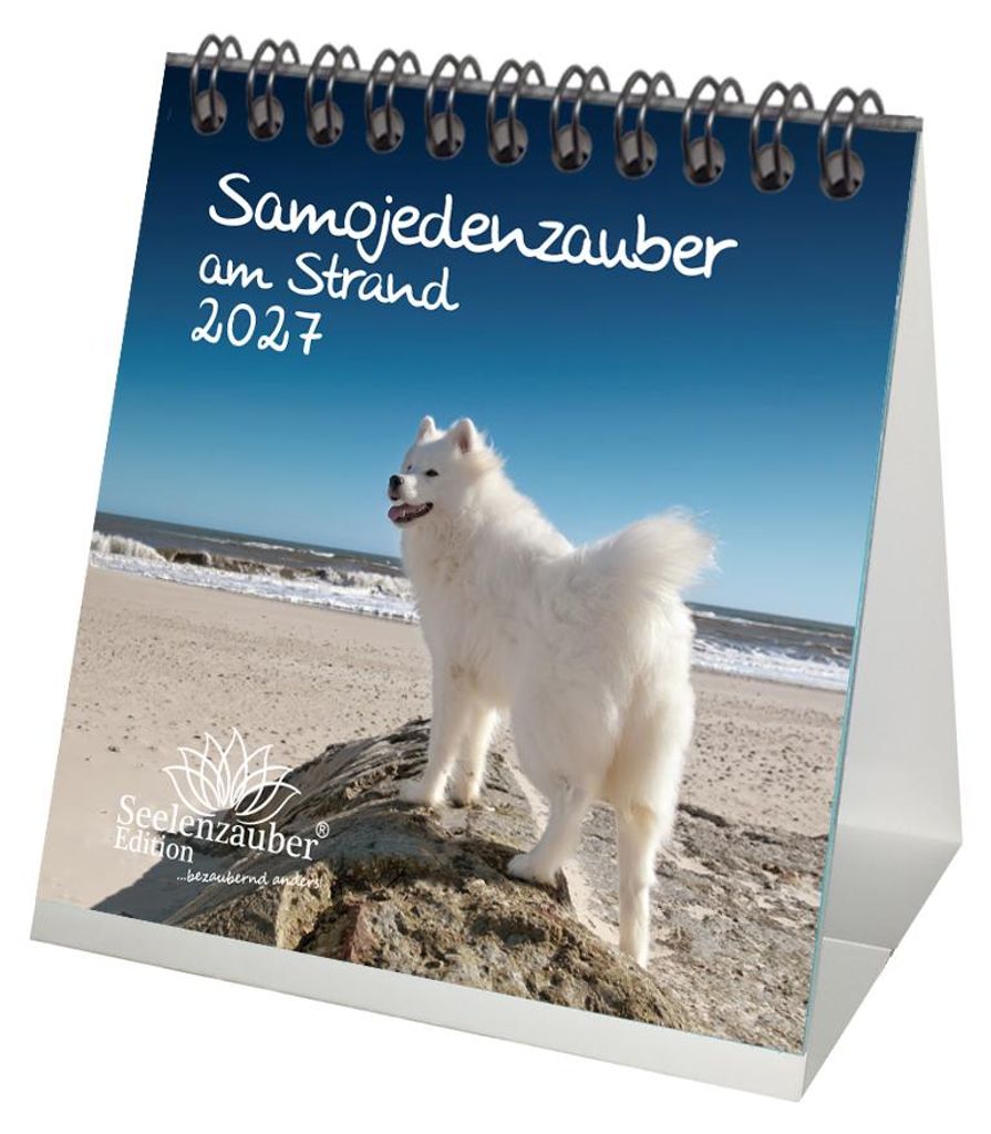Samojedenzauber am Strand Tischkalender 10x10cm für 2027 Welpen und Hunde - Seelenzauber
