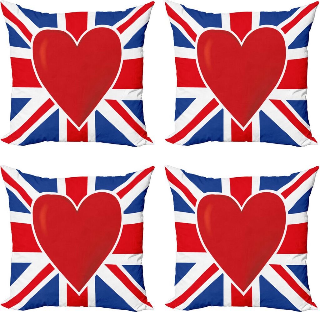 ABAKUHAUS Union Jack Kissenbezug Set (4 Stück), Flagge Großes rotes Herz, Moderner Doppelseitiger Digitaldruck, 50 cm x 50 cm, Royal Blue, Rot, W...