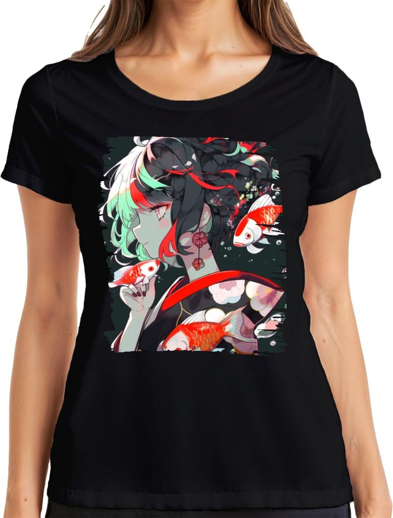 Anime Mädchen im Kimono Koi Karpfen Japanische Kunst Illustration Damen T-Shirt, Schwarz, XXL