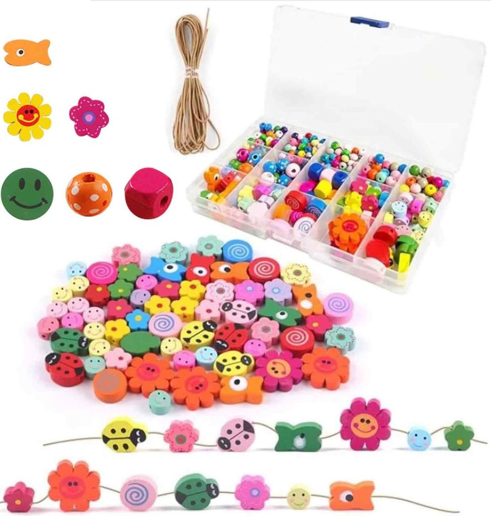 350+ Stück Holzperlen zum Auffädeln, DIY Perlen Bastelset, Perlen zum Auffädeln Kinder ab 2 3 4 Jahre, Handwerk Bunte Perlen zum auffädeln, Smi...