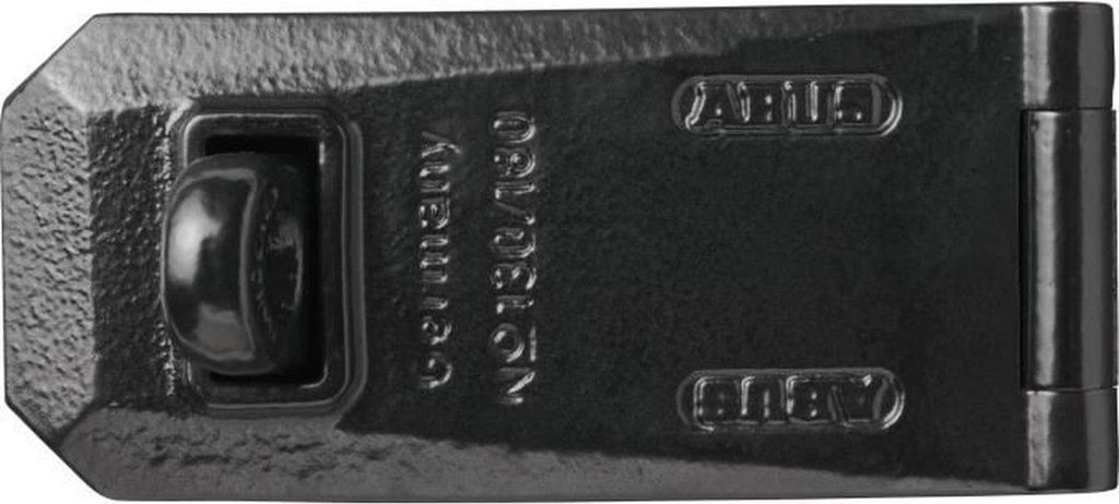 A black metal security hasp lock.