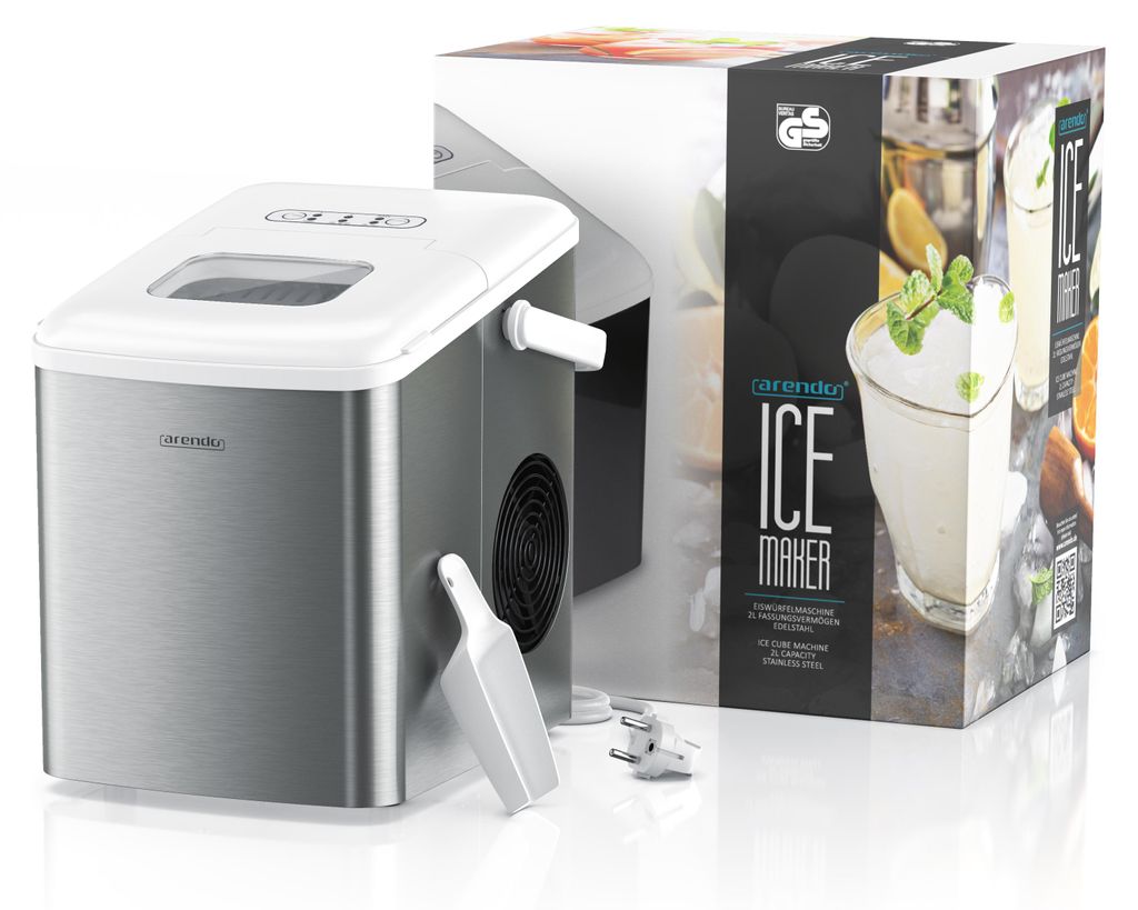 An ice maker and its packaging are shown.