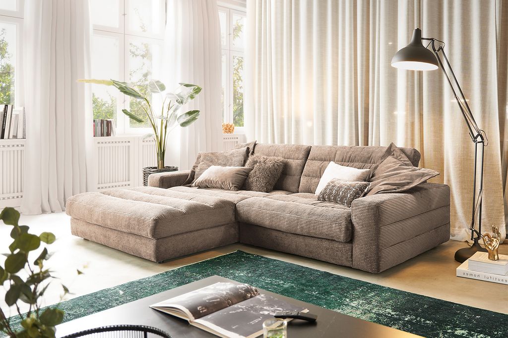 KAWOLA Sofa LANA Ecksofa Cord taupe Recamiere links