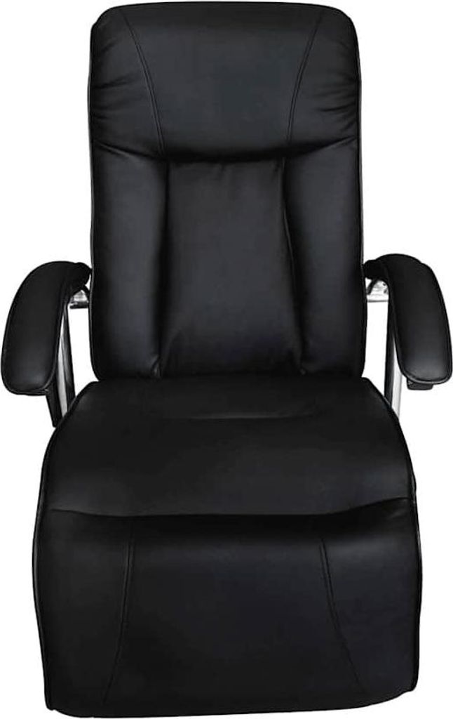 A black leather massage chair is shown from a front-facing, slightly elevated angle against a white background.