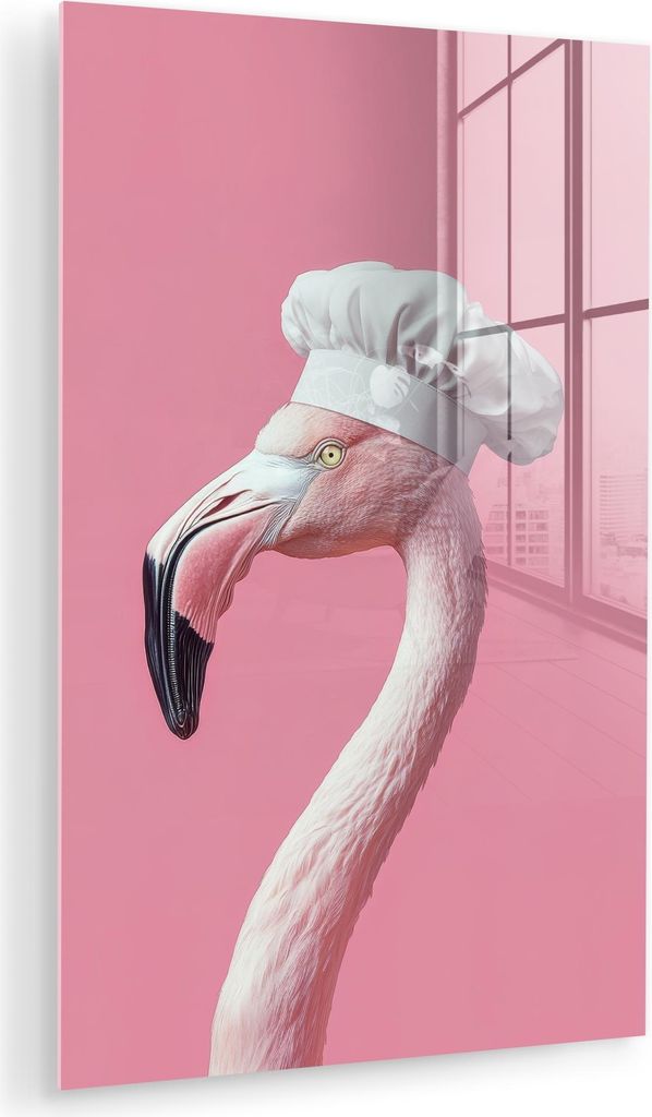 MuchoWow Glasbilder - Bilder auf Wandbild - Foto auf Glas Flamingo - Rosa - Kochmütze - Vogel 60x90 cm Wanddekoration aus Glas - Acrylglasbild - A...